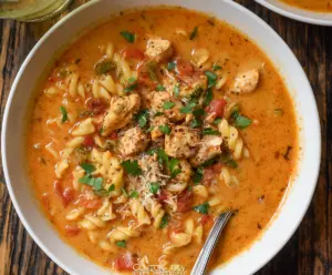 Creamy Cajun Chicken Soup Pasta with spicy seasonings and fresh herbs, served in a bowl.
