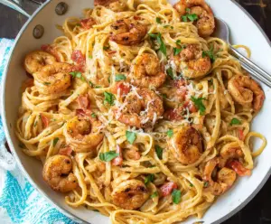 Delicious Cajun Shrimp Pasta with creamy sauce and seasoned seafood on a plate