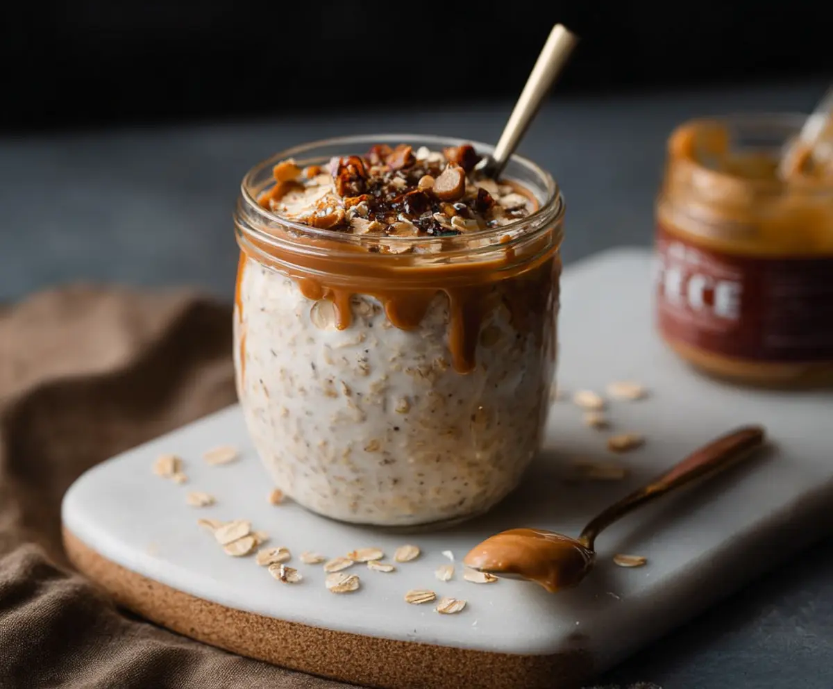 Creamy Caramel Macchiato Overnight Oats with coffee and caramel drizzle for a delicious breakfast
