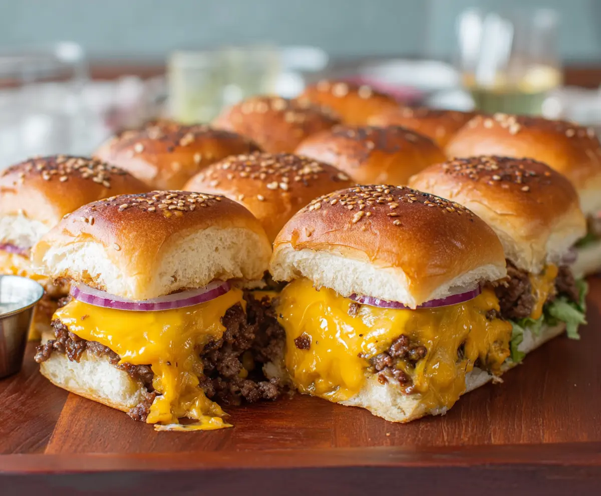 Delicious cheeseburger sliders with melted cheese and sesame seed buns on a plate.