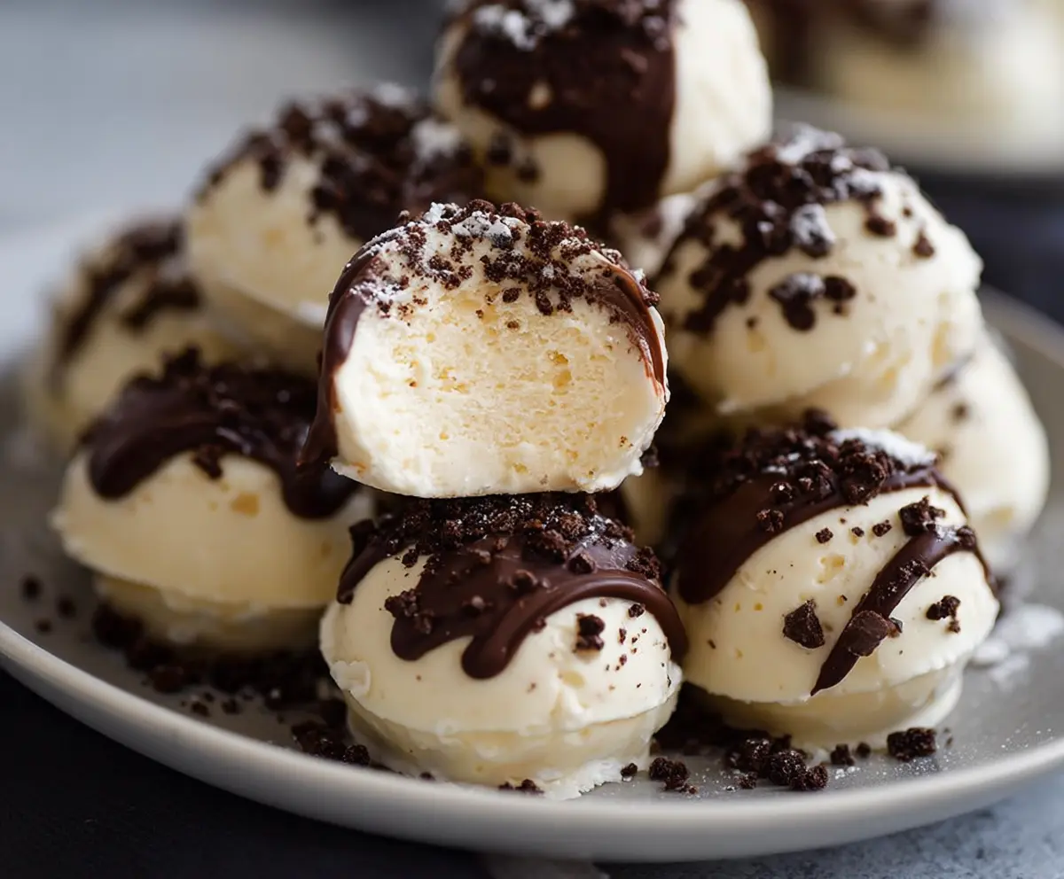 Delicious cheesecake fat bombs with a creamy texture and chocolate coating on a white plate.