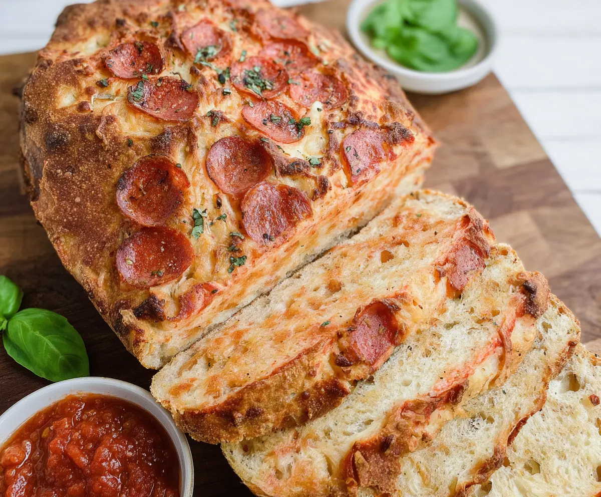 Delicious cheesy pepperoni sourdough pizza bread topped with melted cheese and crispy pepperoni slices.