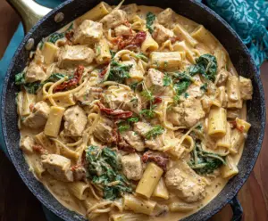 Delicious Chicken Creamy Tuscan Pasta dish garnished with herbs on a white plate.