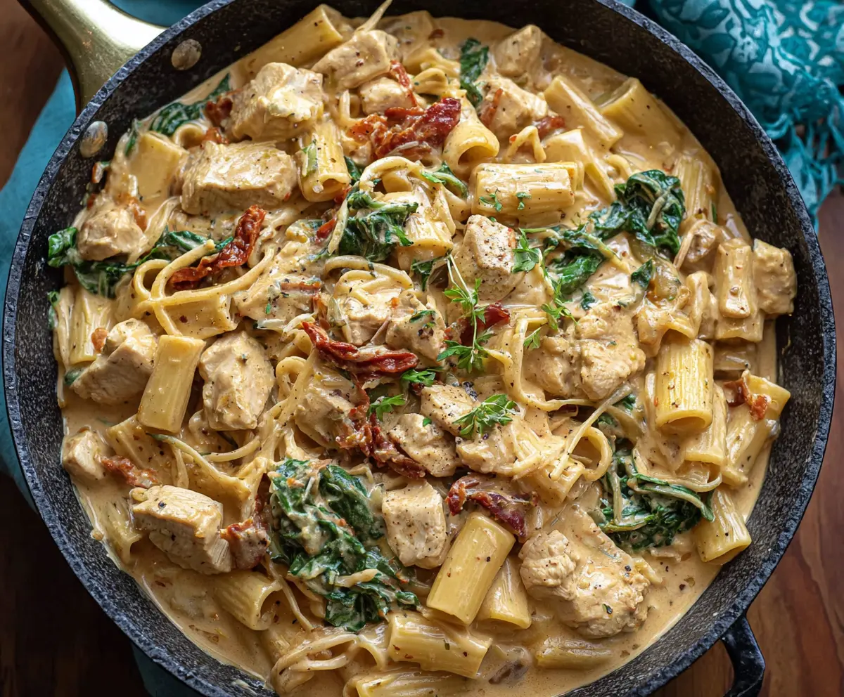 Delicious Chicken Creamy Tuscan Pasta dish garnished with herbs on a white plate.