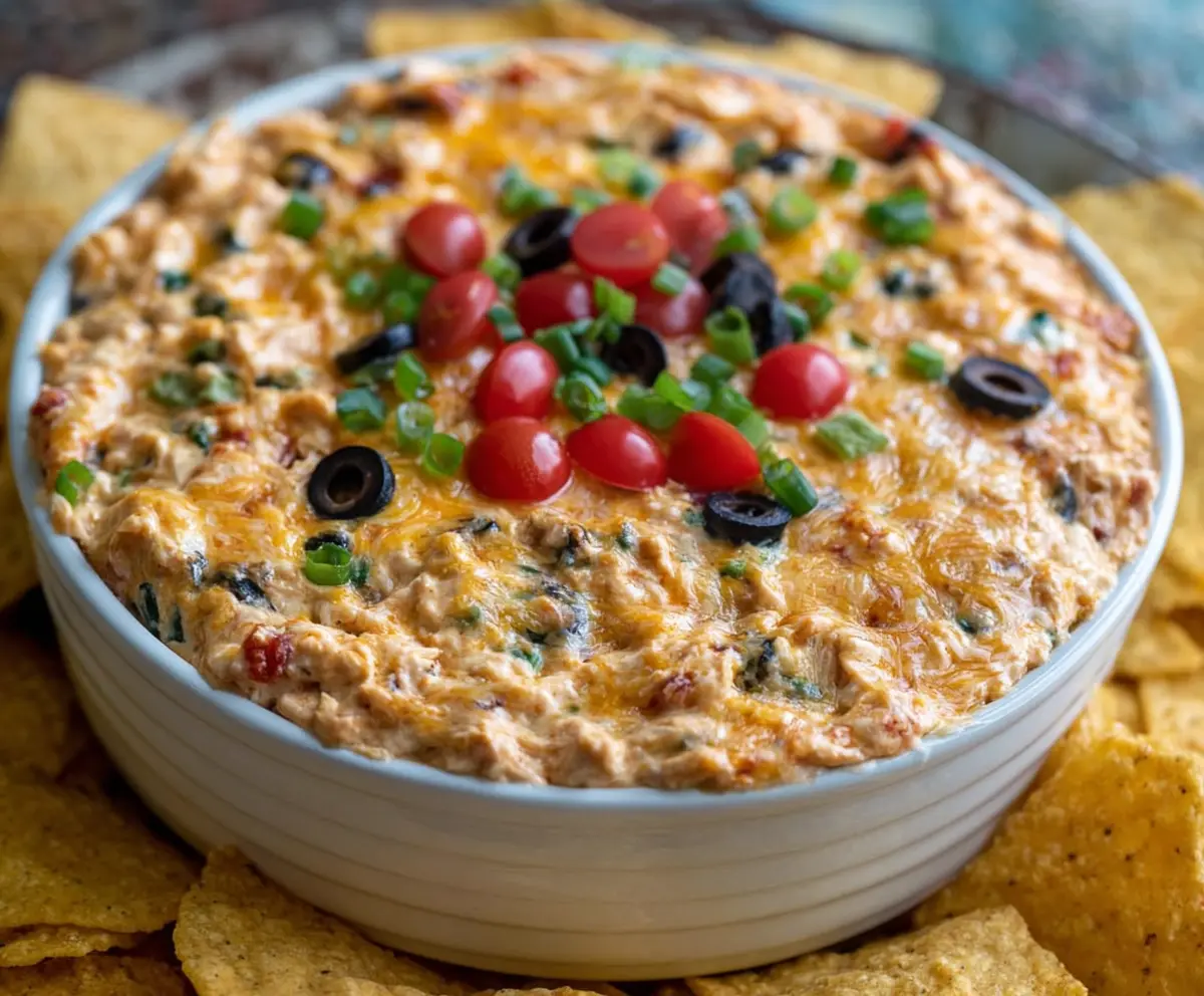 Delicious Chicken Taco Dip with melted cheese, fresh tomatoes, and seasoned chicken served as a tasty appetizer.