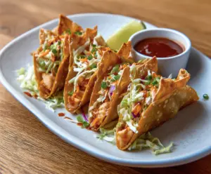 Delicious chicken wonton tacos served with fresh toppings and vibrant presentation