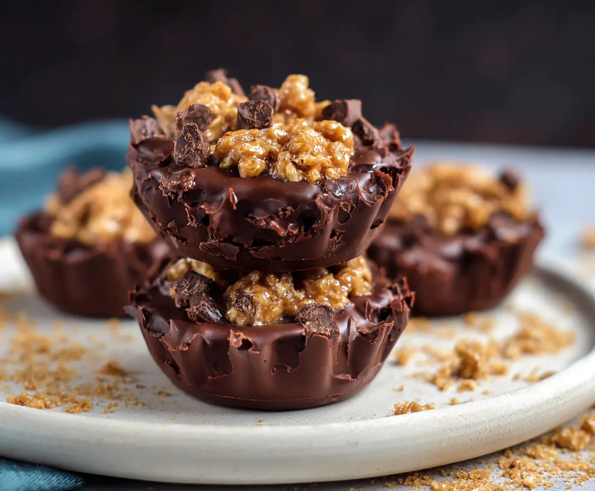 Delicious Chocolate Peanut Butter Crunch Cups with a rich, creamy filling and crunchy top layer.