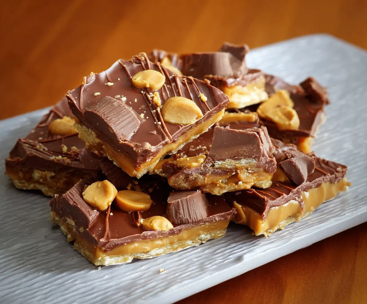 Decadent Chocolate Peanut Butter Cup Cracker Toffee with rich layers of chocolate, peanut butter, and crisp crackers.