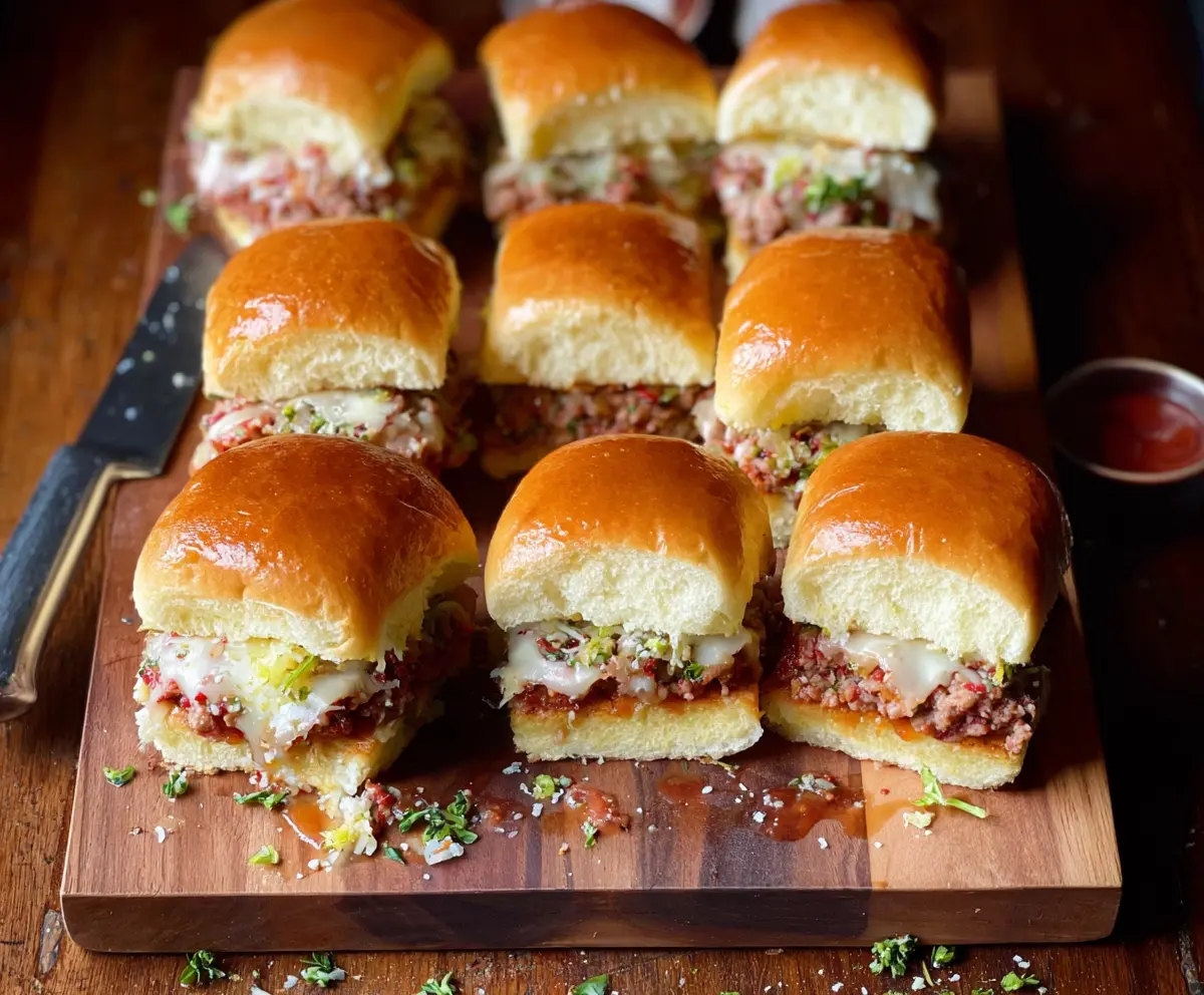 Sliced Italian sliders with melted cheese and fresh herbs on a serving platter.
