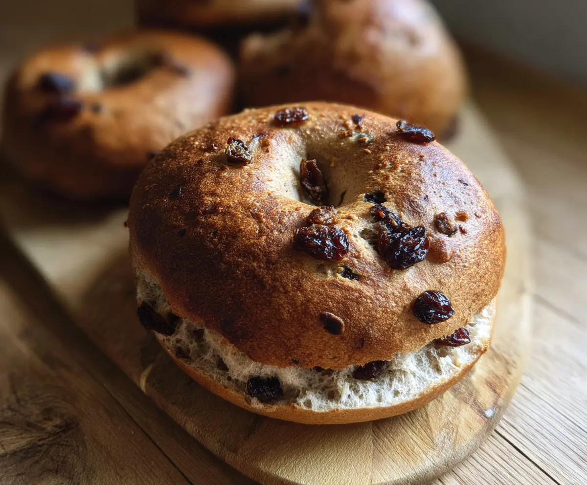 Freshly baked cinnamon raisin sourdough bagels on a wooden cutting board, showcasing golden crust and sweet raisin filling.