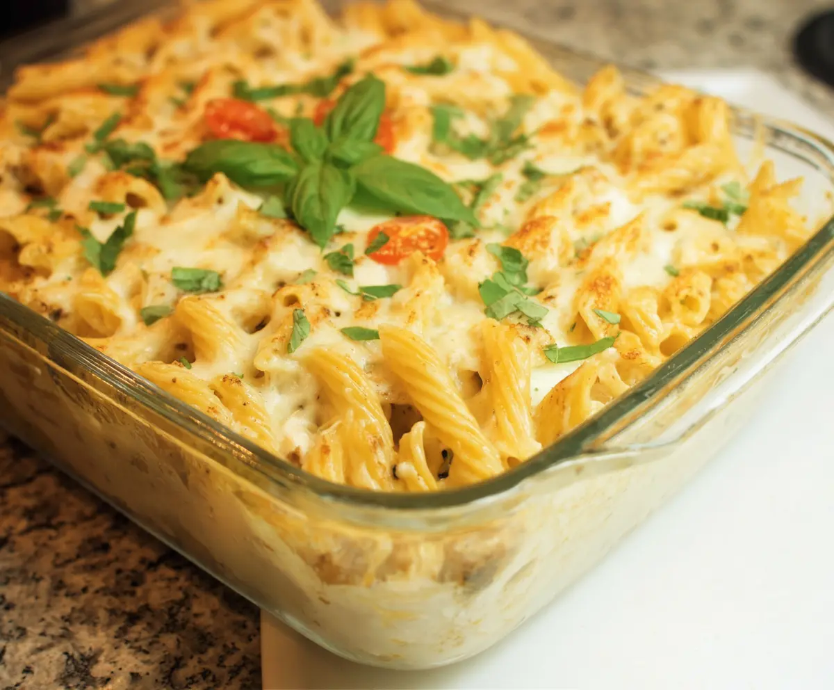 Creamy cottage cheese Alfredo pasta bake topped with melted cheese and herbs.