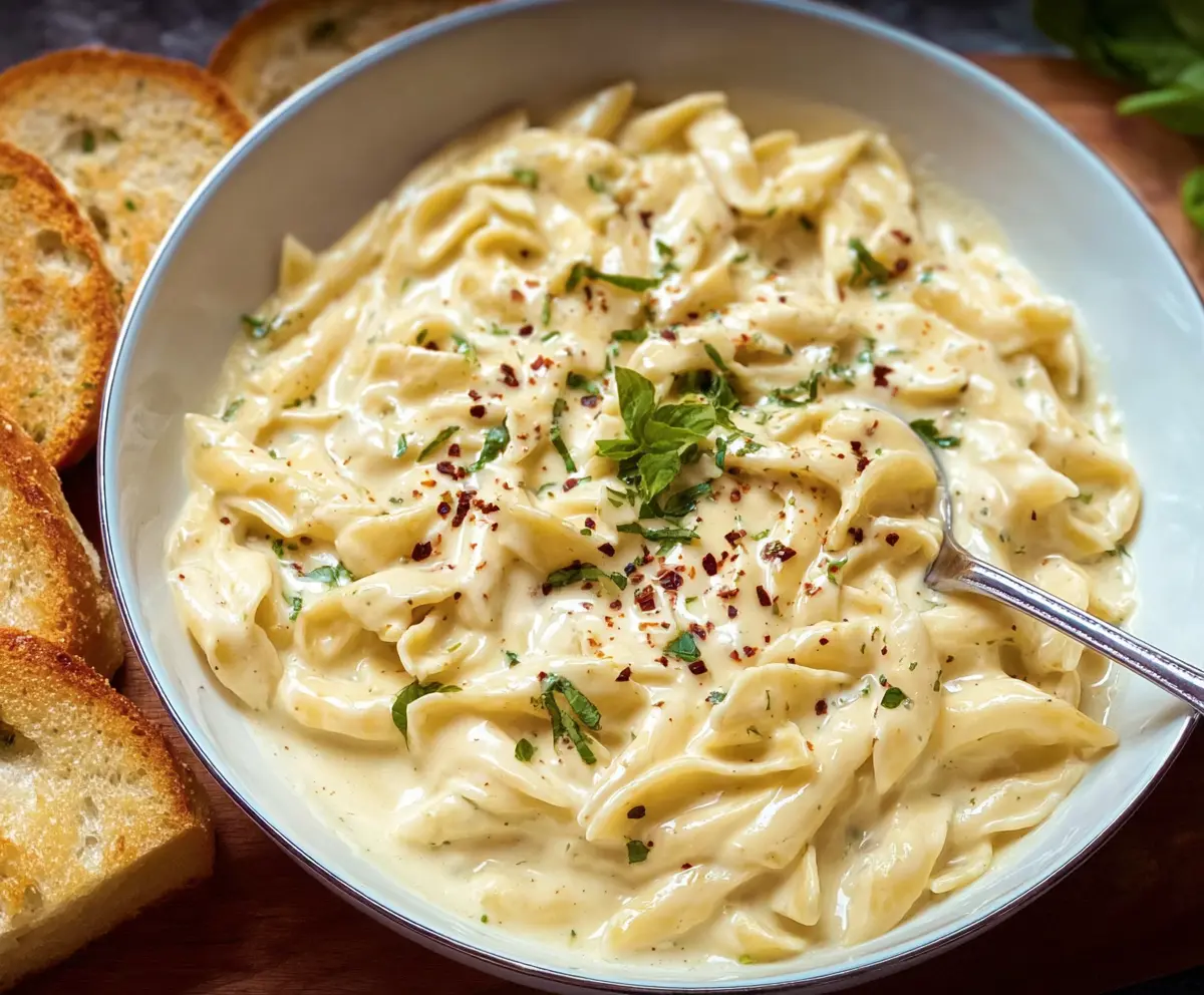 Creamy Cottage Cheese Alfredo Pasta dish garnished with herbs, perfect for a quick and healthy meal