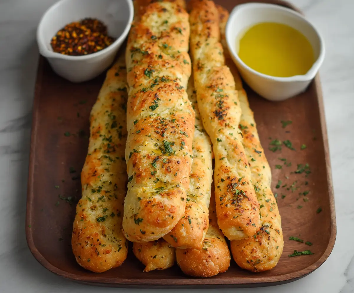 Delicious homemade cottage cheese garlic breadsticks garnished with fresh herbs on a rustic wooden table.