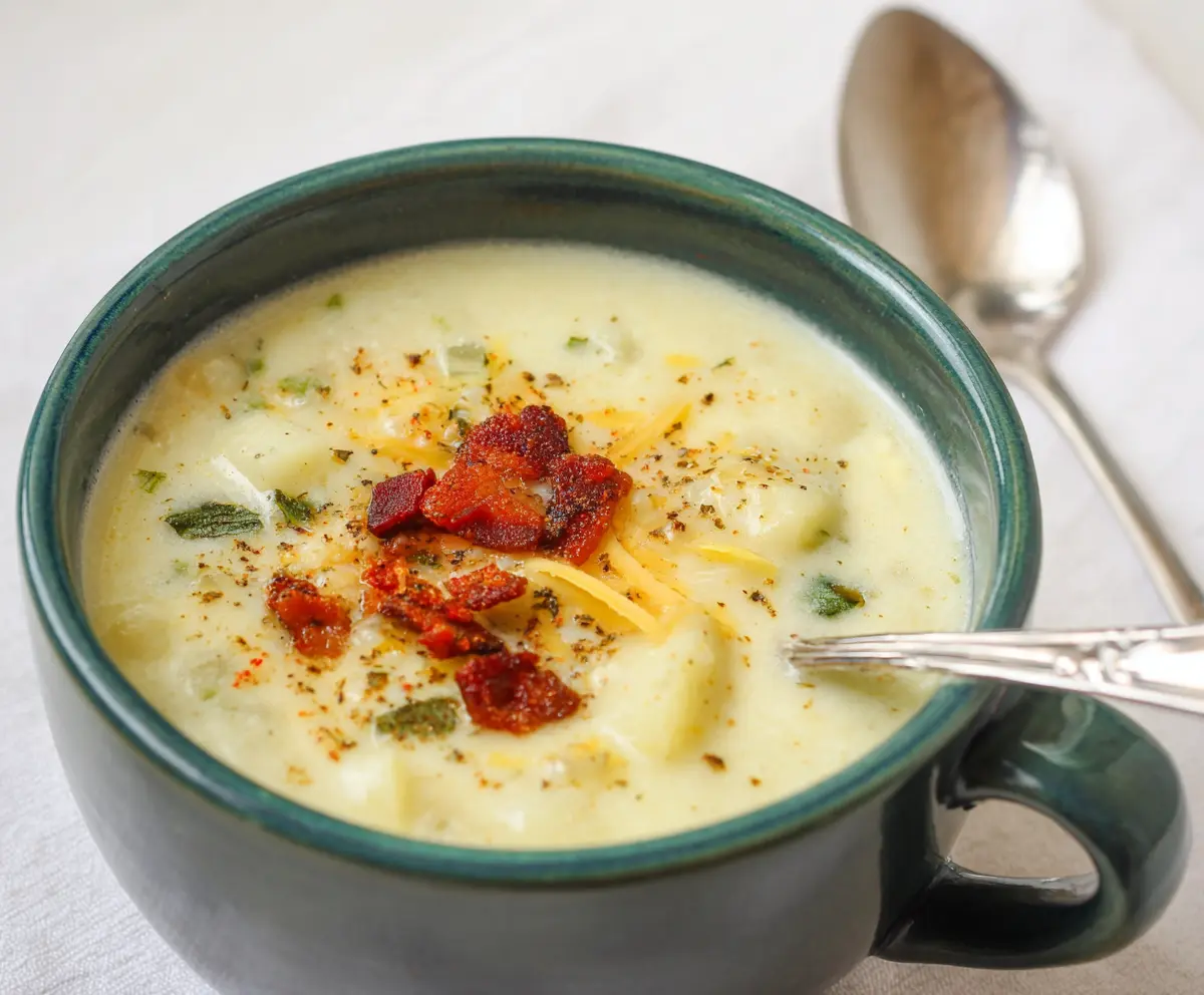 Creamy cottage cheese potato soup served in a bowl with fresh herbs for a hearty meal.
