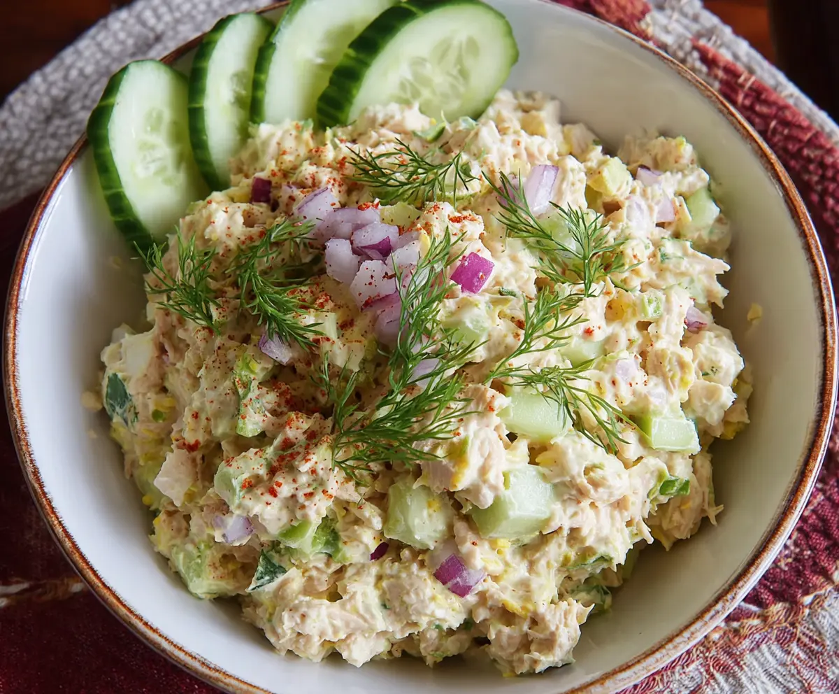Creamy cottage cheese and tuna salad with fresh herbs ready to serve