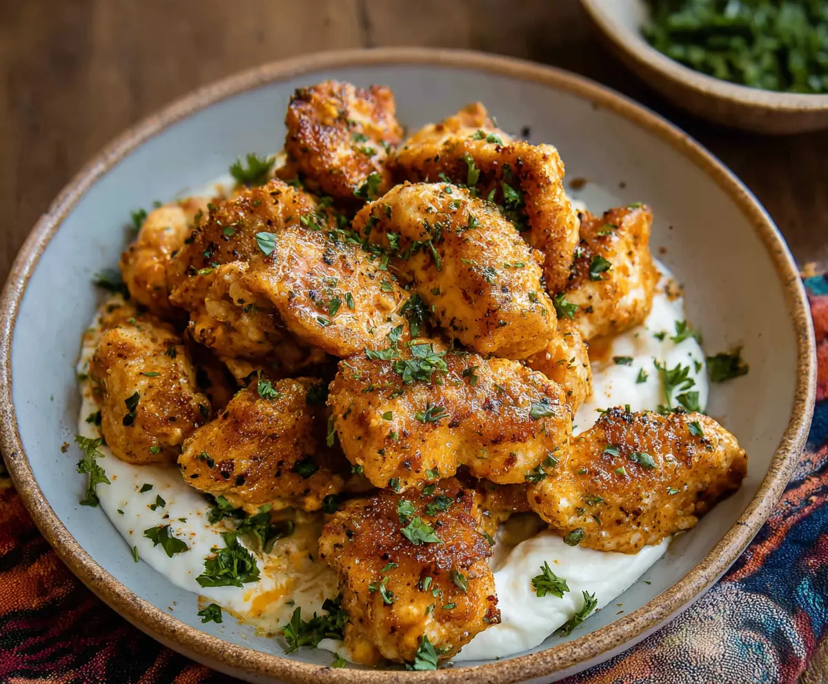 Juicy Cowboy Butter Chicken Bites served with fresh herbs and a spicy sauce, perfect for appetizer or main course.