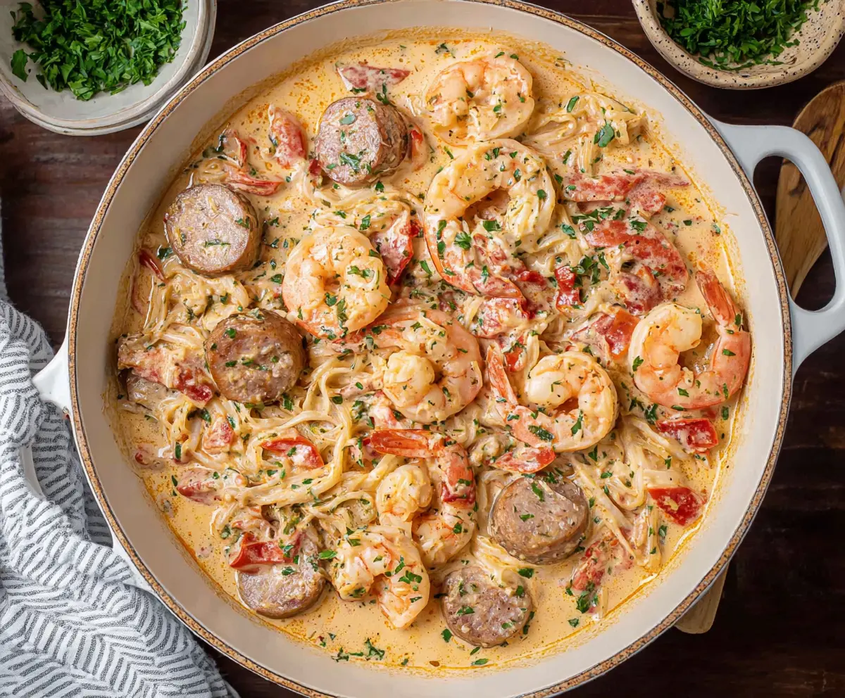 Delicious creamy Cajun shrimp and sausage served on a plate with fresh herbs.