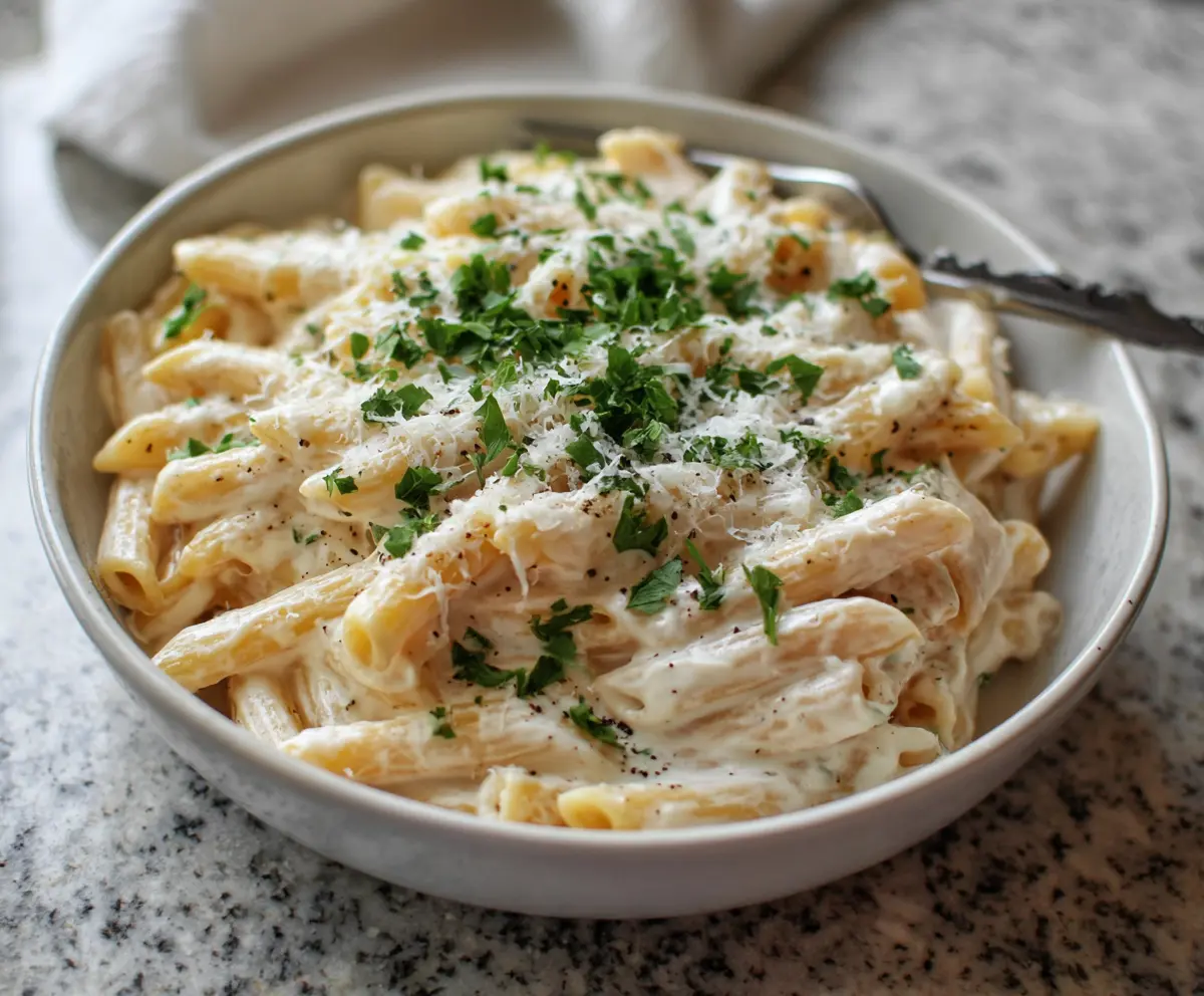 Creamy cottage cheese Alfredo sauce served over pasta in a bowl, showcasing a rich and smooth texture.