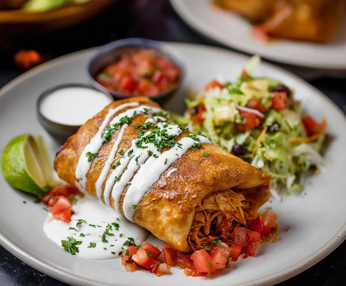 Golden crispy chicken chimichanga served with salsa and sour cream on a plate.