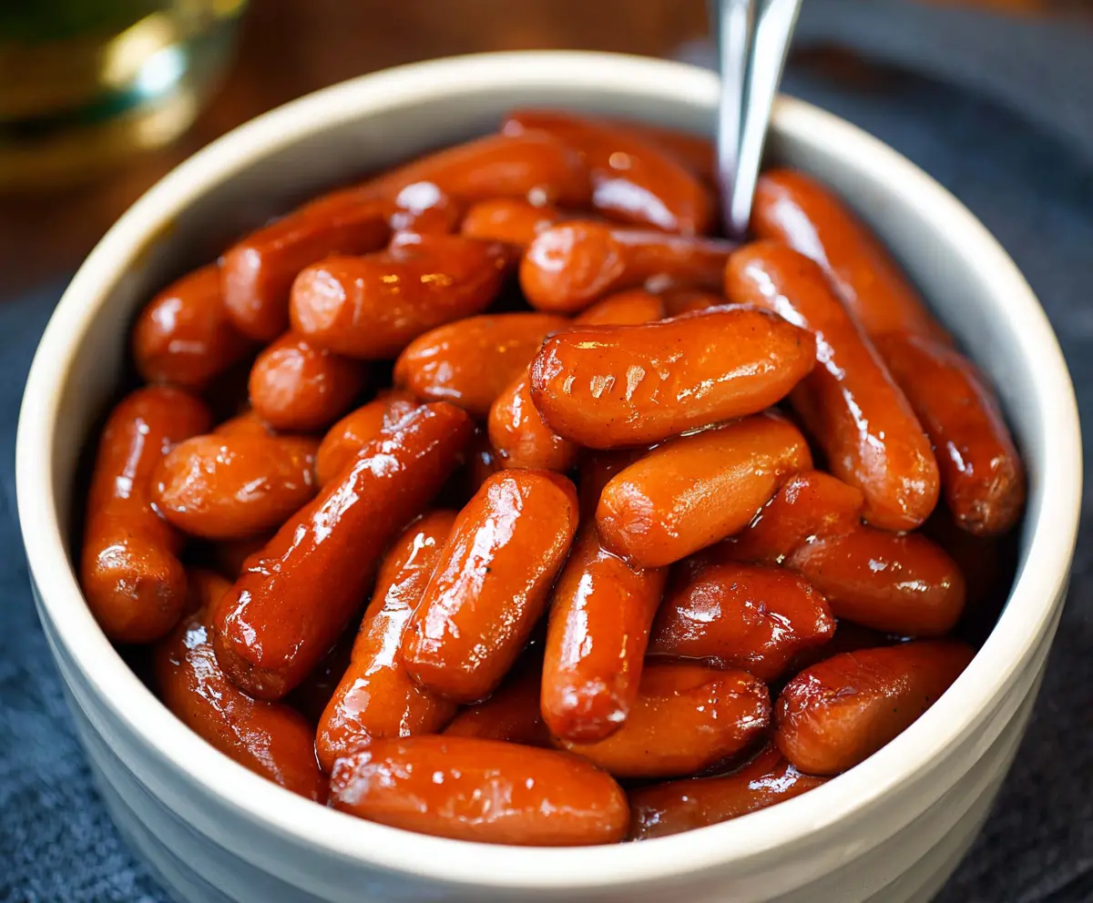 Delicious Crock Pot Little Smokies appetizer with smoky sausages in a slow cooker.
