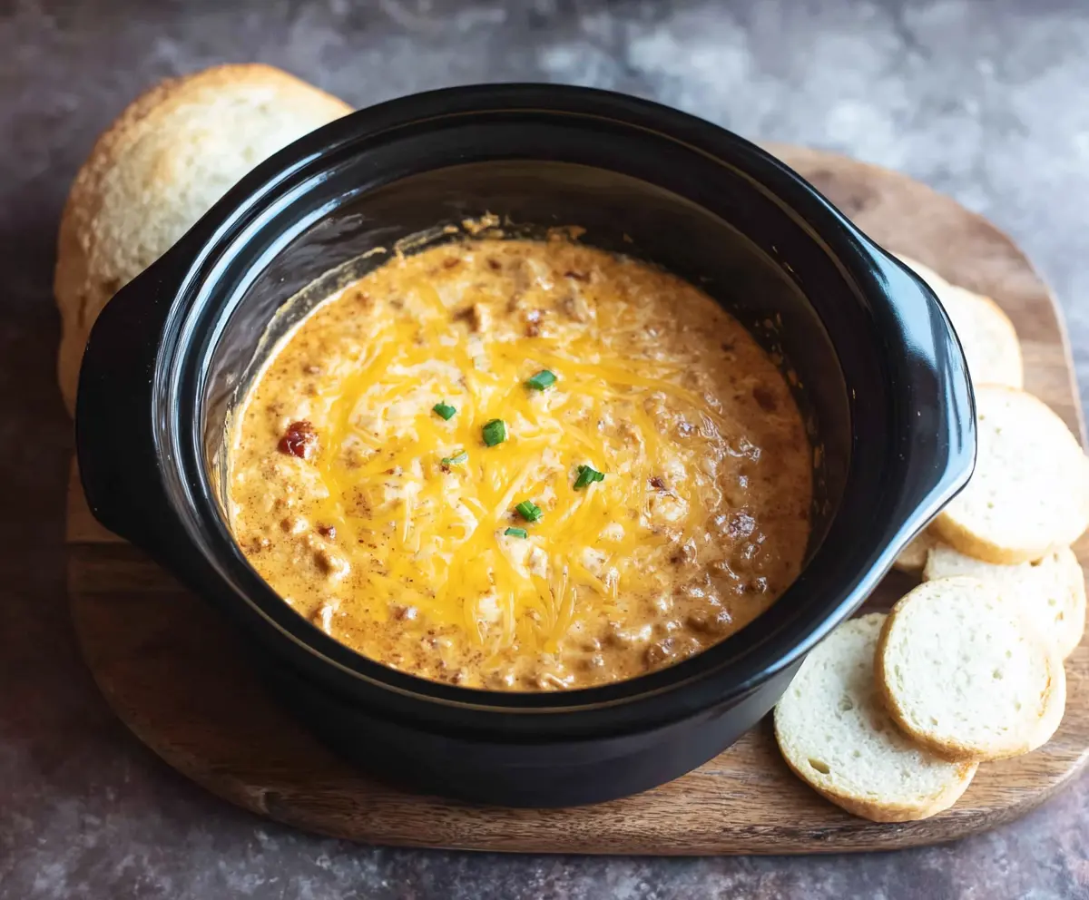 Delicious crockpot chili cheese dip served with tortilla chips for a tasty appetizer