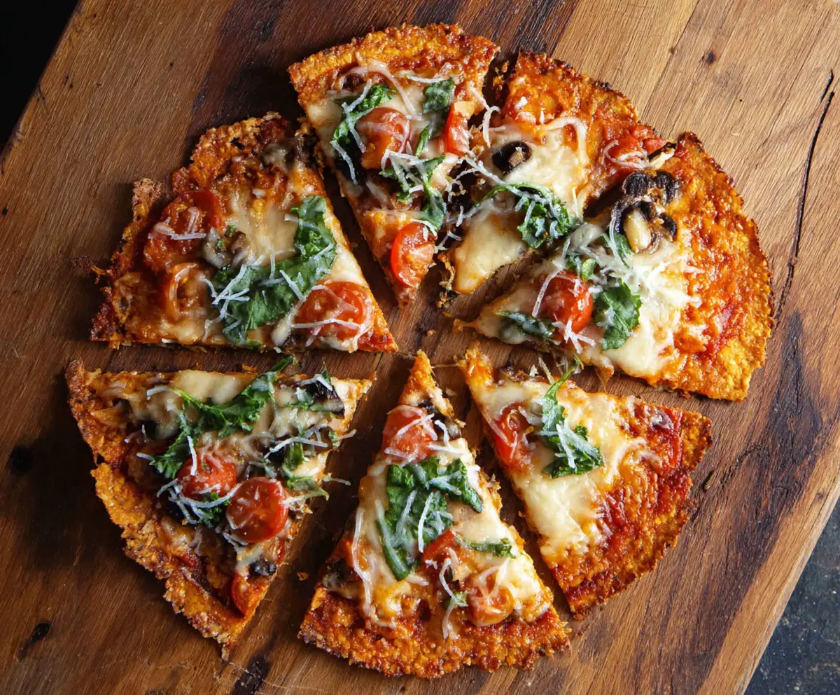 Crunchy Tortilla Pizza with melted cheese and fresh toppings on a rustic plate.