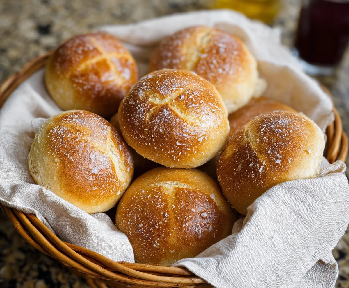 Freshly baked crusty sourdough dinner rolls arranged on a rustic wooden table.