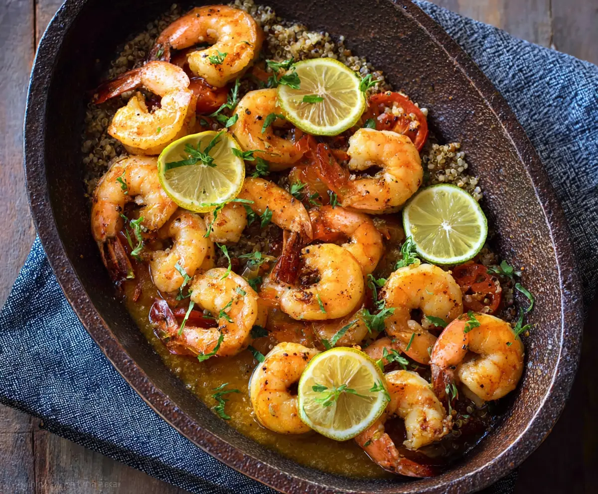Juicy Cuban Mojo Shrimp served with fresh herbs and citrus slices on a rustic plate.