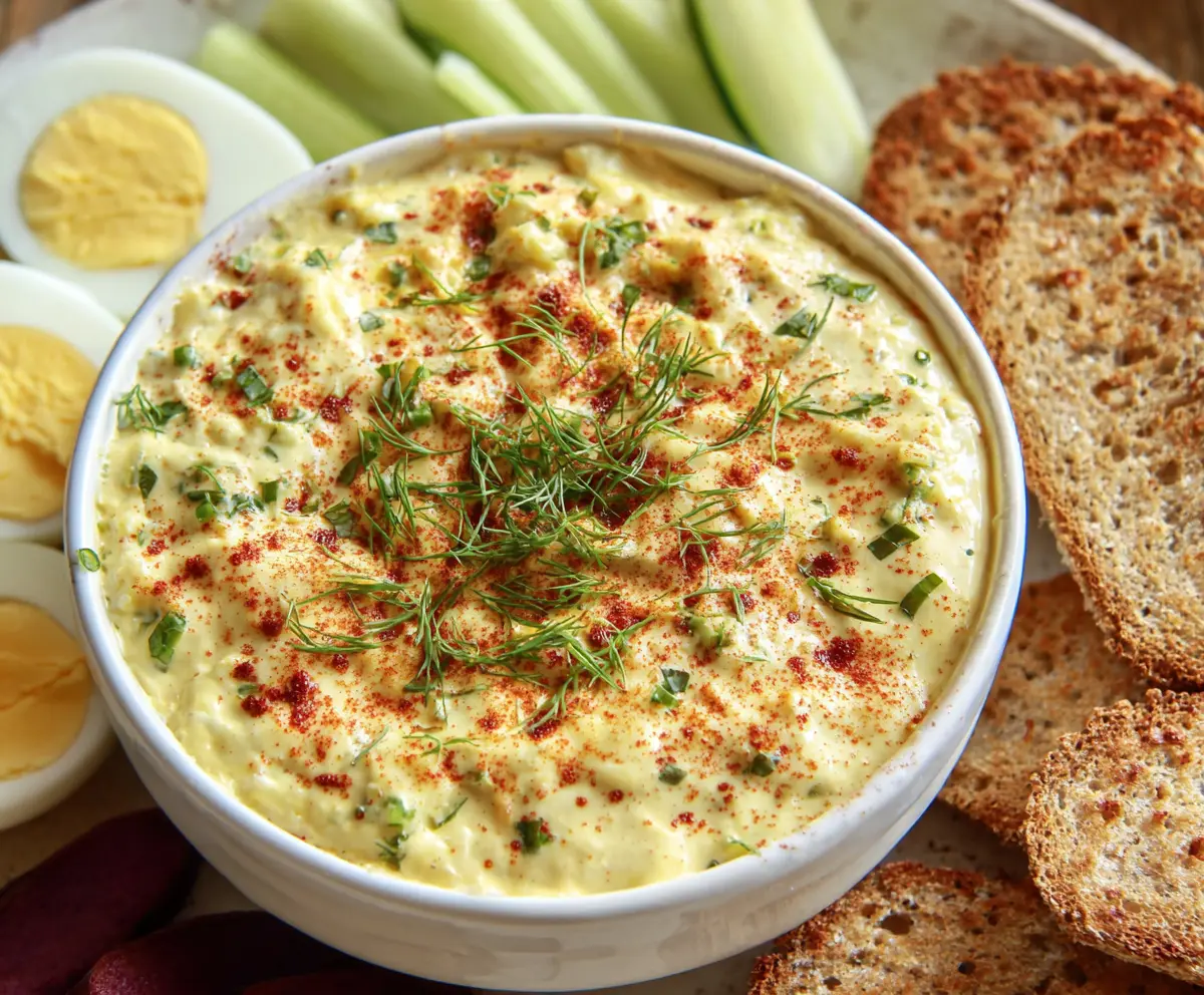 Creamy Deviled Eggs Dip served with fresh vegetables and chips, perfect appetizer for parties.