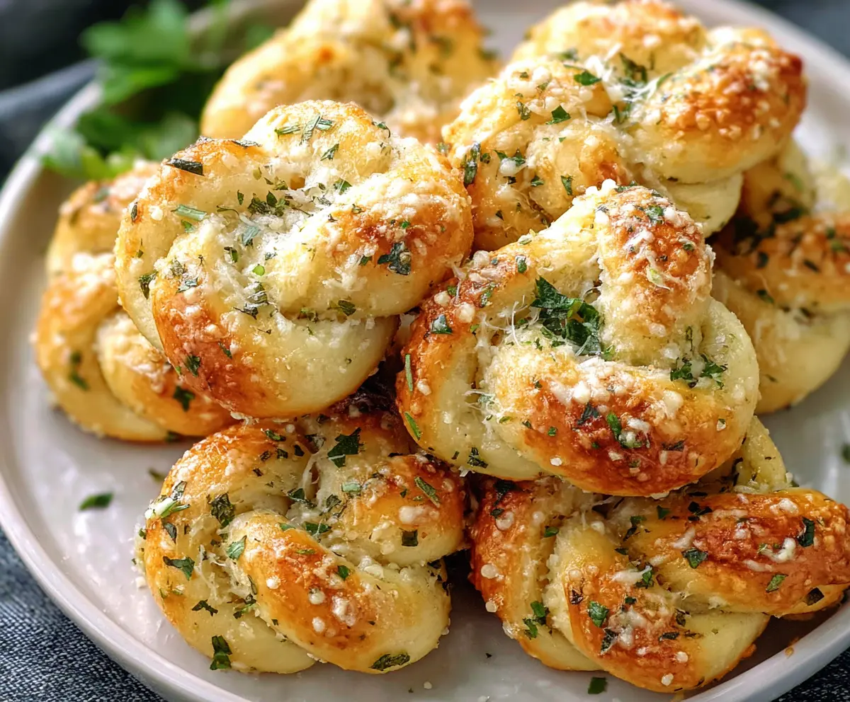 Delicious Easy Garlic Parmesan Knots on a serving platter, garnished with fresh herbs and sprinkled with grated Parmesan cheese.