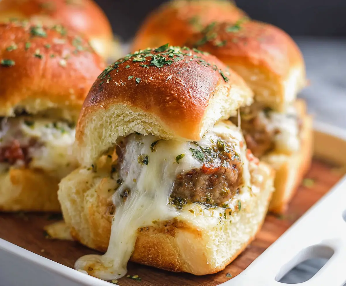 Delicious Garlic Parmesan Meatball Sliders with melted cheese and fresh herbs