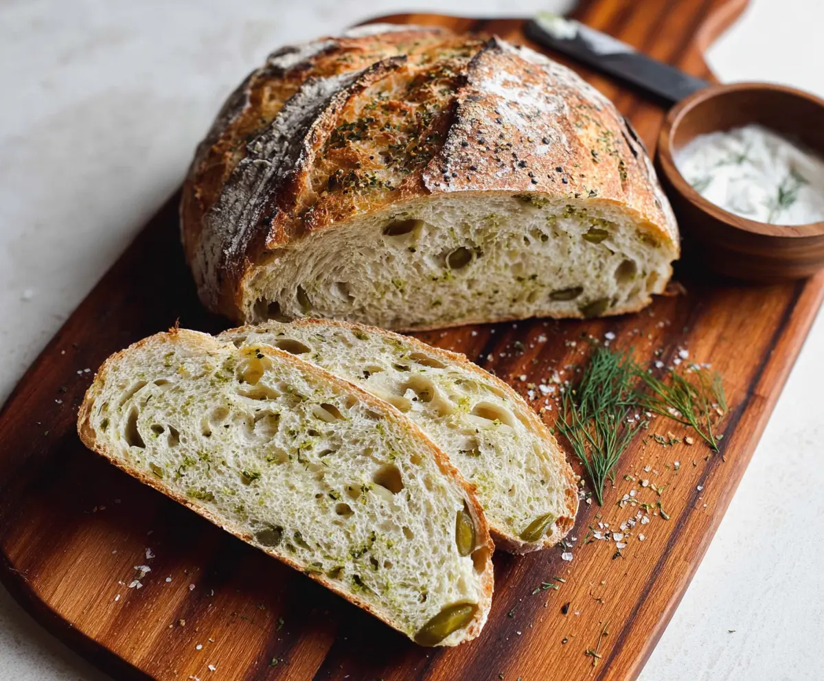 Freshly baked dill pickle sourdough bread with a golden crust and slices showing a chewy interior.
