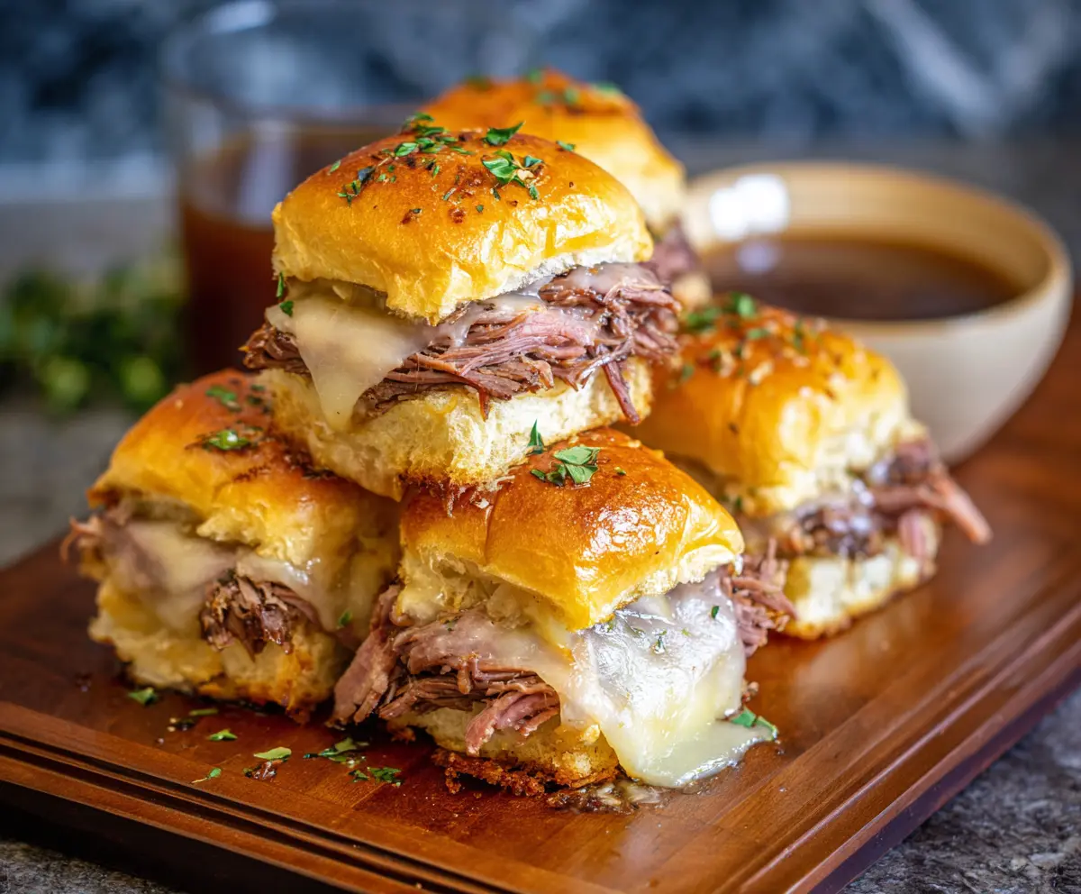 Delicious French Dip Sliders with tender roast beef and melted cheese on mini buns.