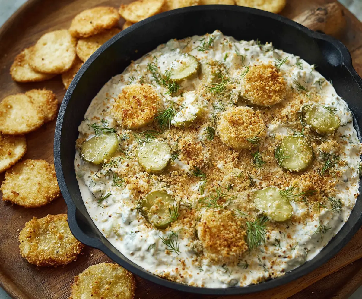 Creamy fried pickle dip served with crunchy chips, perfect for appetizer or snack.
