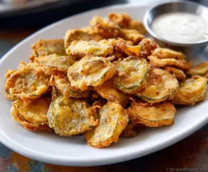 Crispy fried pickles served with dipping sauce on a plate