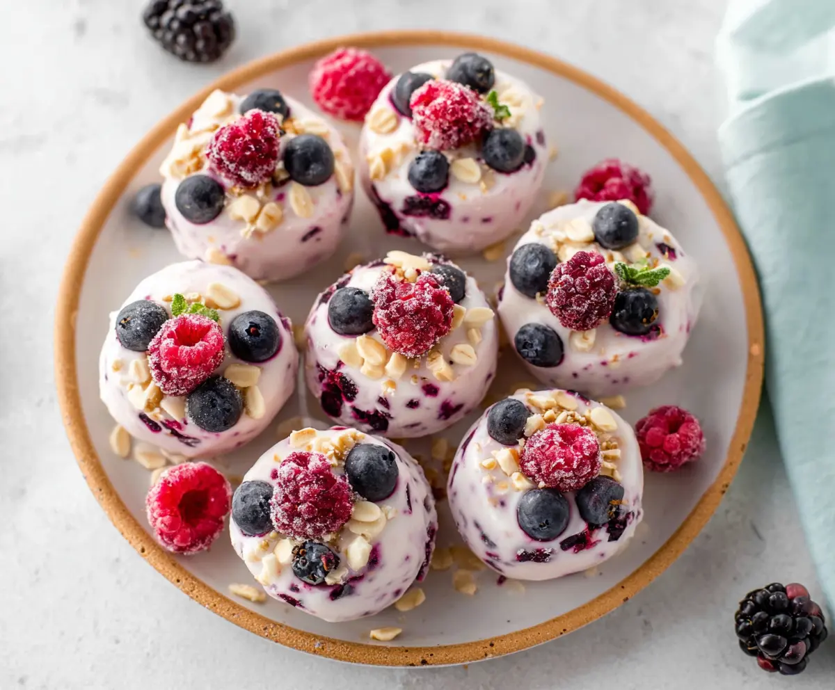 Delicious frozen Greek yogurt bites arranged on a white plate, perfect for a healthy snack.