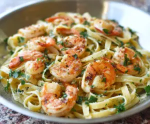Delicious garlic butter shrimp pasta served on a plate with herbs and lemon slices.