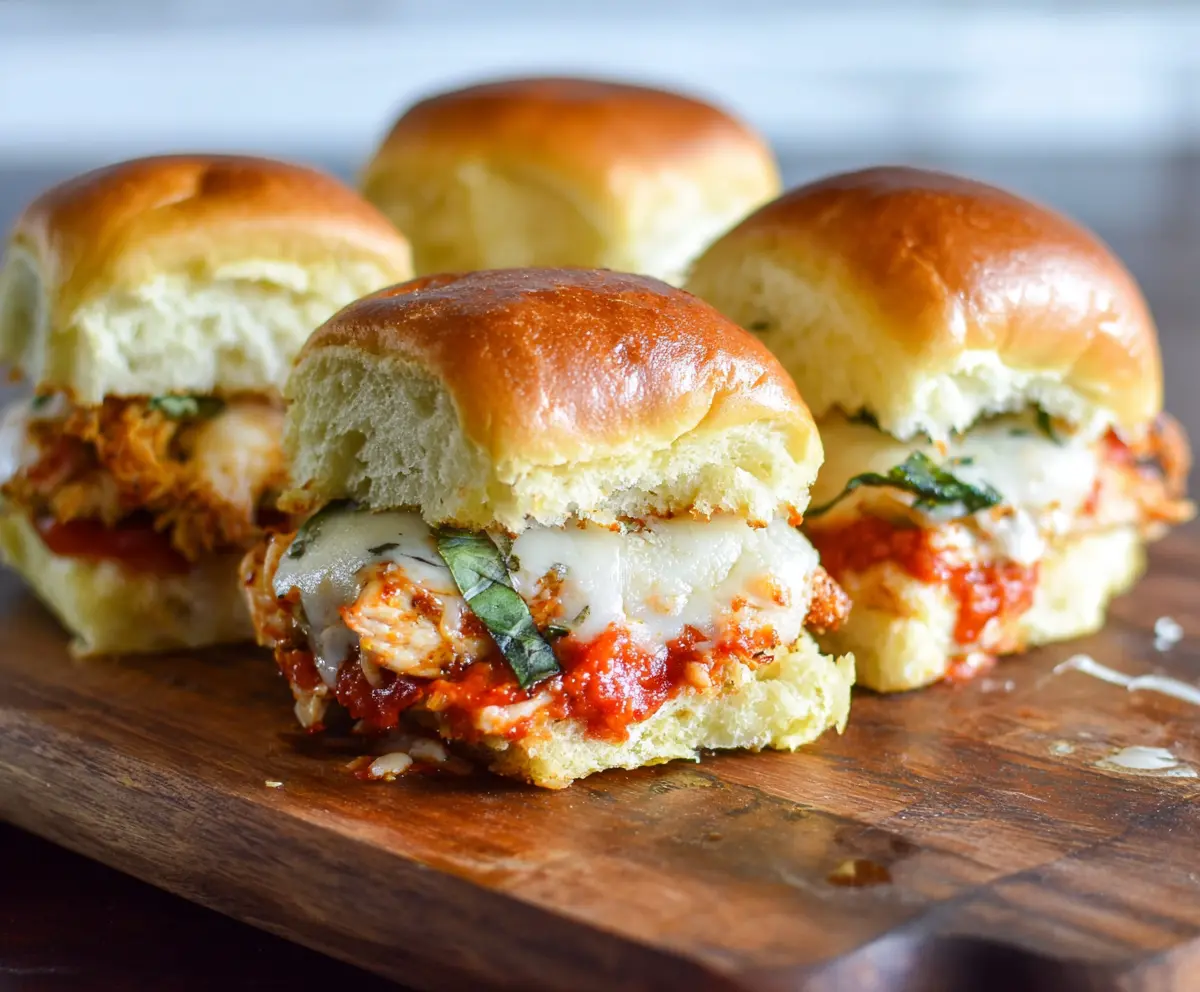 Delicious garlic chicken parmesan sliders with melted cheese and fresh herbs.