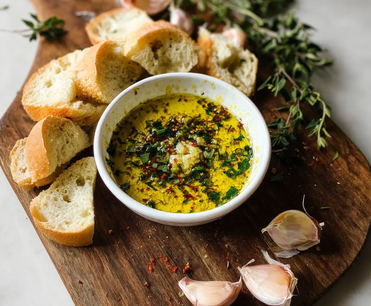 Creamy garlic olive oil dip served in a small bowl, perfect for dipping bread or vegetables.
