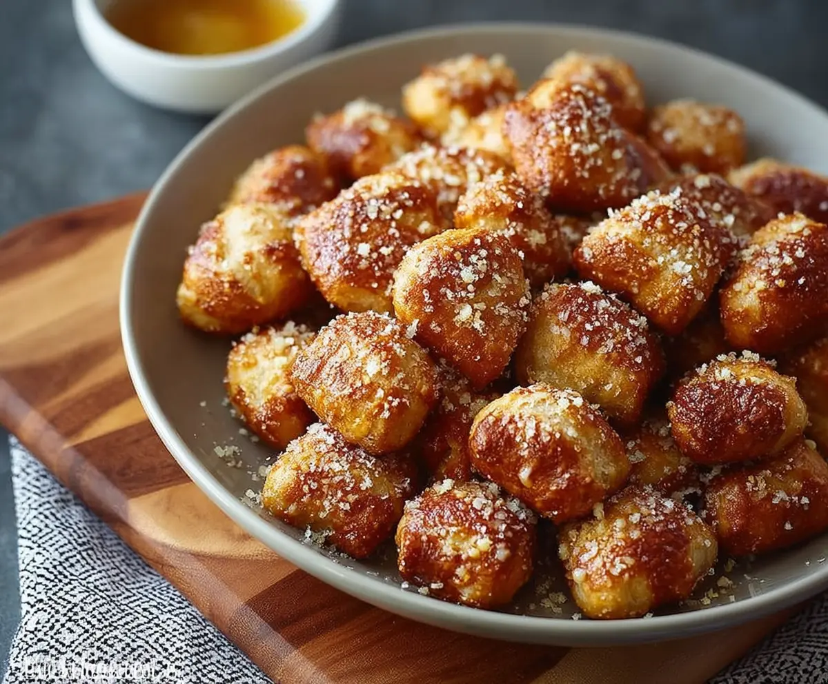 Golden garlic Parmesan pretzel bites served with a side of creamy dipping sauce.