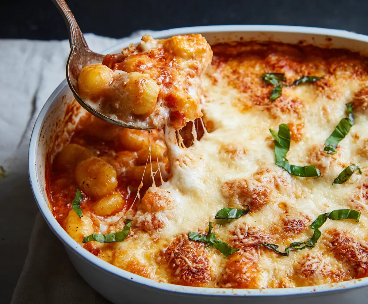 Delicious baked gnocchi pasta dish with melted cheese and savory sauce, perfect for comfort food lovers.