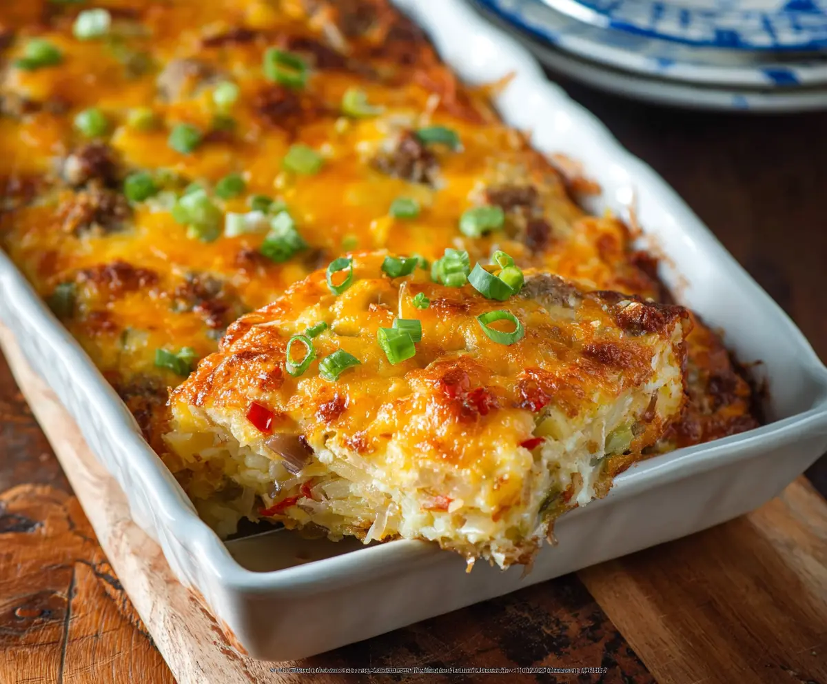 Delicious Hashbrown Breakfast Casserole with melted cheese and crispy edges, perfect for breakfast or brunch.