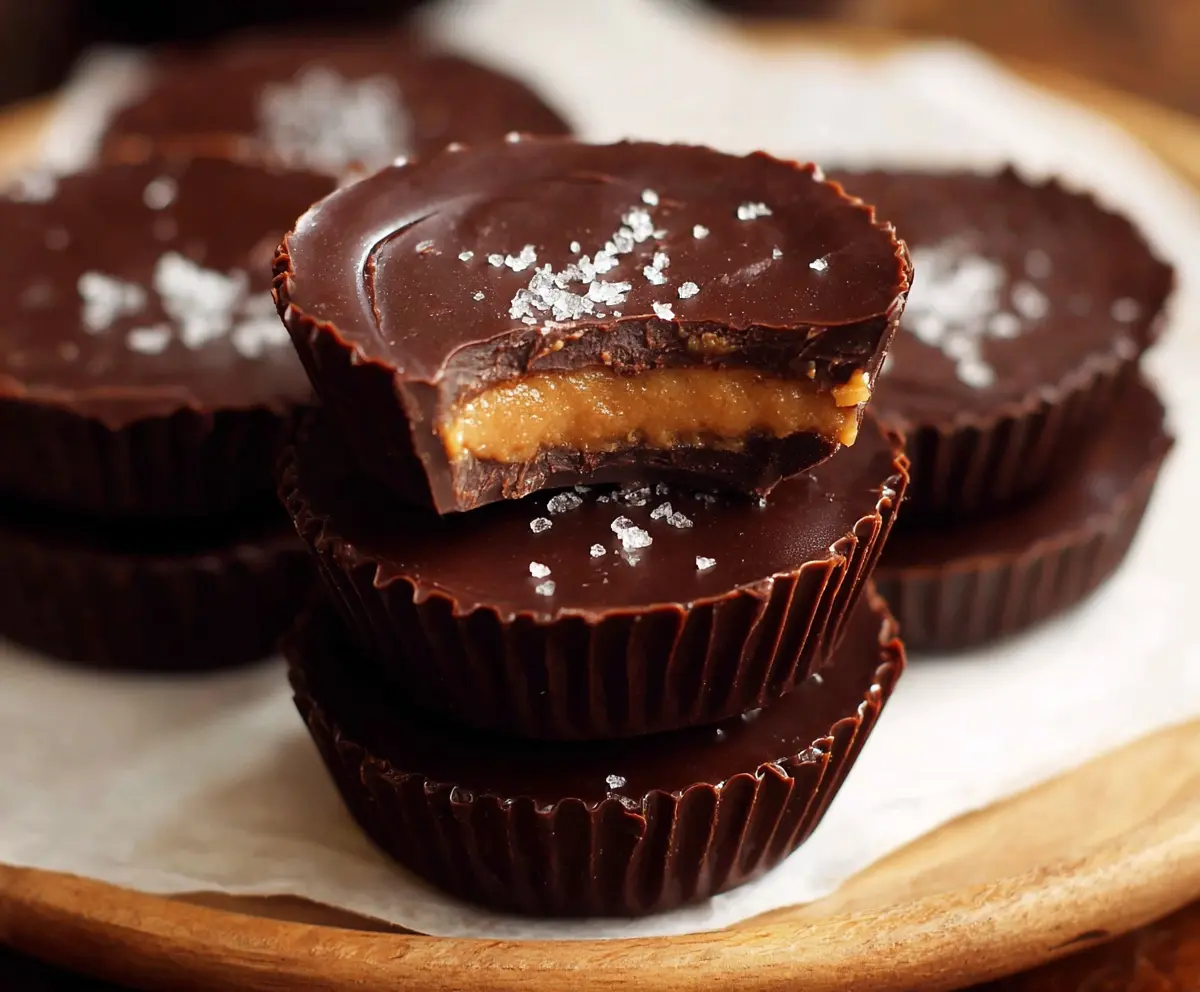 Healthy dark chocolate peanut butter cups in a bowl, showcasing their rich, creamy texture and smooth chocolate coating.