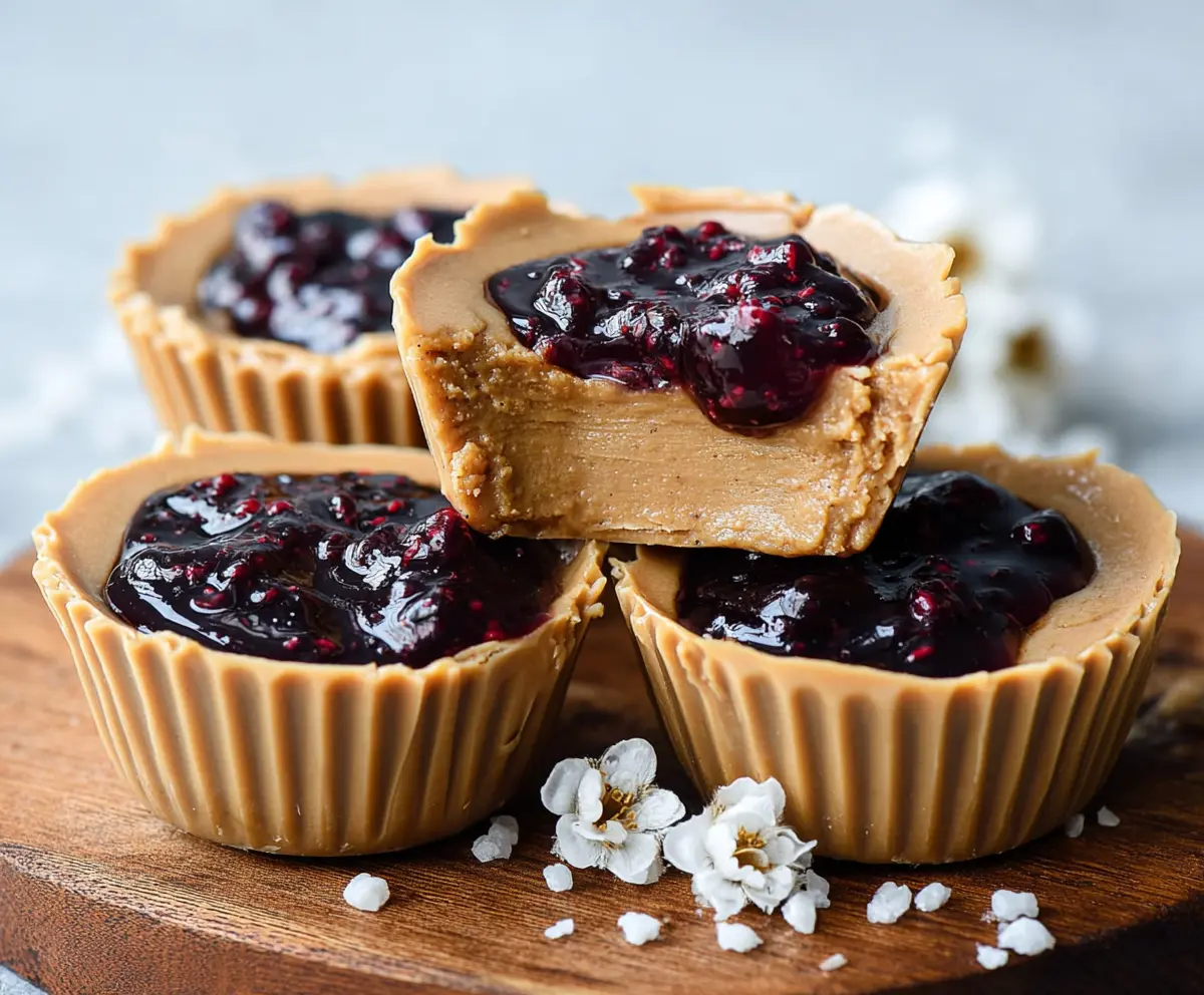 Healthy Peanut Butter and Jelly Cups in a clear glass bowl, showing a colorful, nutritious snack with peanut butter and fruit jelly layers.