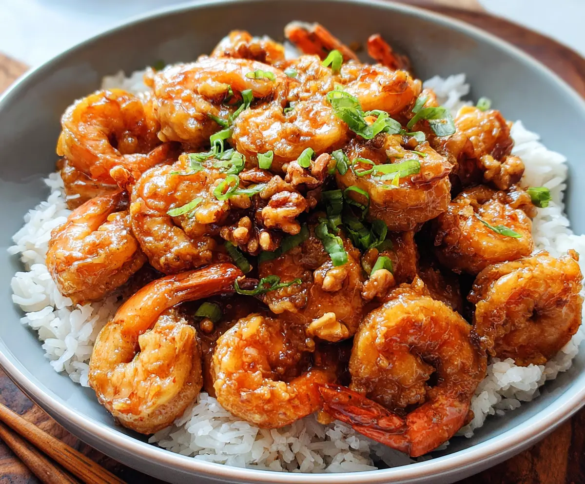 Delicious Honey Walnut Shrimp topped with caramelized walnuts on a white plate
