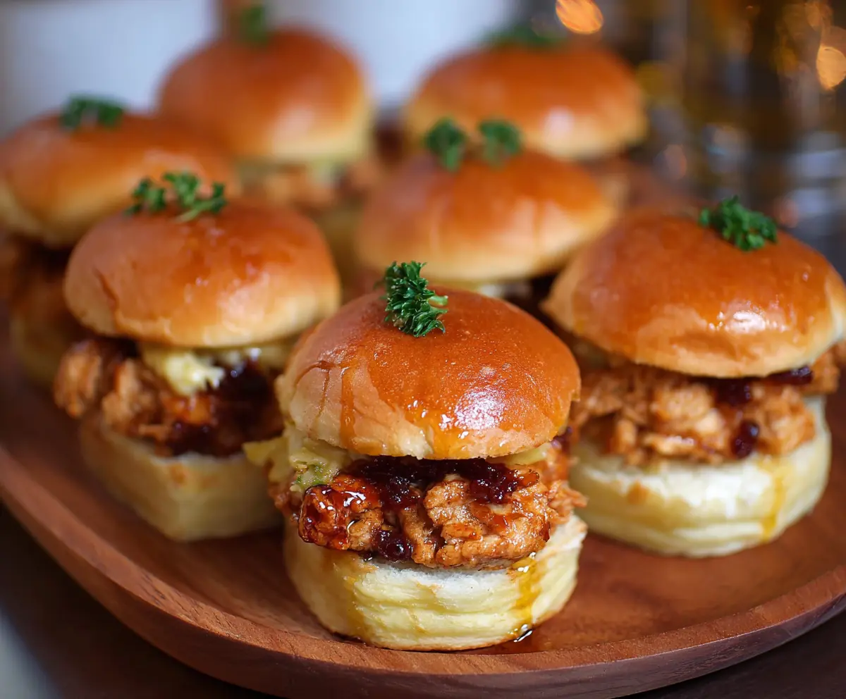 Delicious hot honey chicken sliders served on a bun with fresh toppings, perfect for a savory snack or meal.