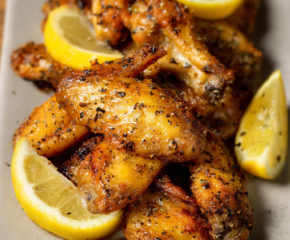 Crispy Lemon Pepper Wings garnished with fresh herbs on a serving plate.