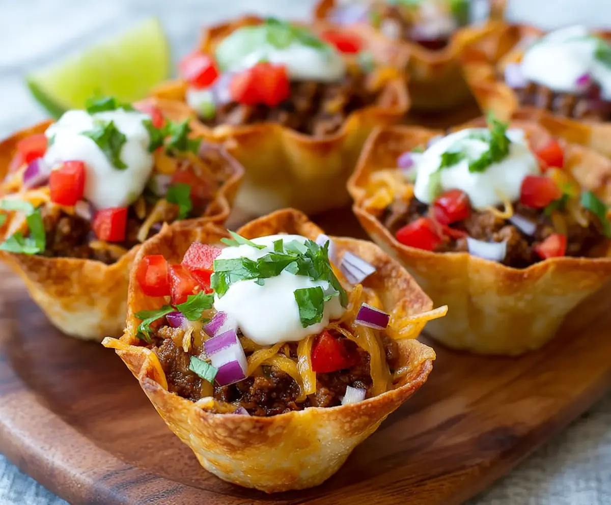 Delicious mini taco cups filled with seasoned meat and fresh toppings on a colorful plate