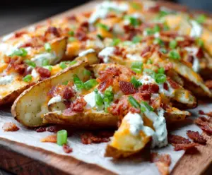 Crave-worthy loaded baked potato wedges topped with cheese, bacon, and green onions on a rustic plate.