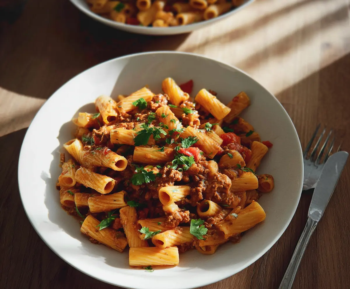 Delicious Mexican Pasta with colorful vegetables and melted cheese on top.